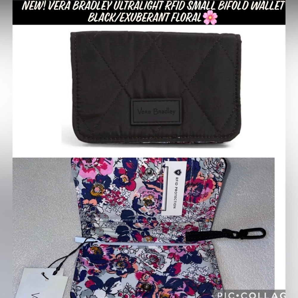 New! Vera Bradley Ultralight RFID Small Bifold Wallet Black/Exuberant Floral🌸